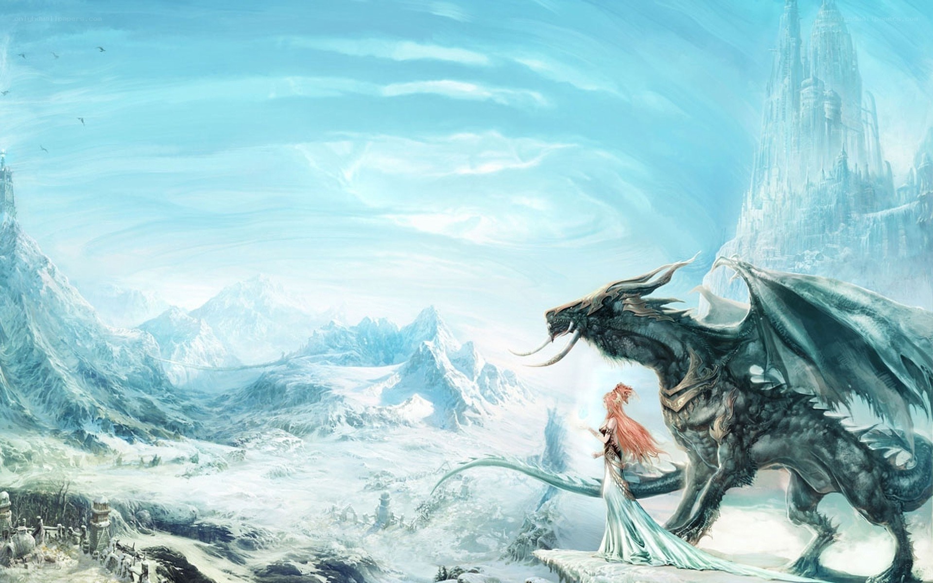 dragon and mage in snowy landscape