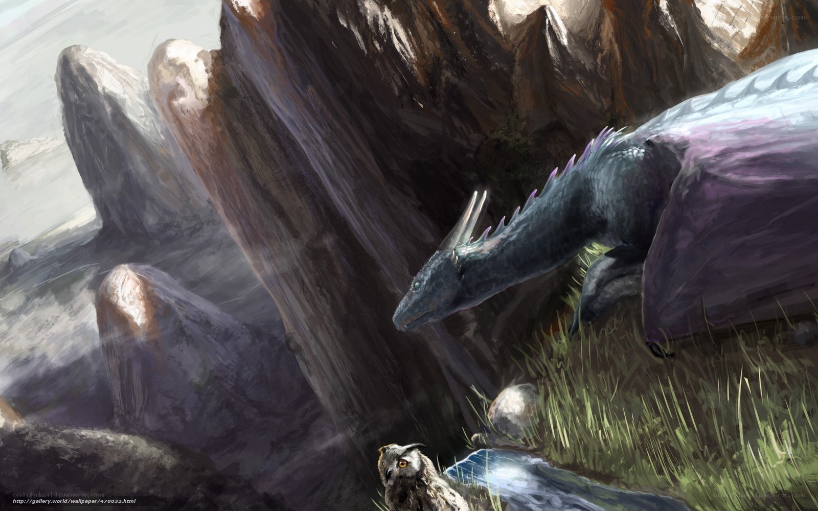 dragon and owl in mountain valley