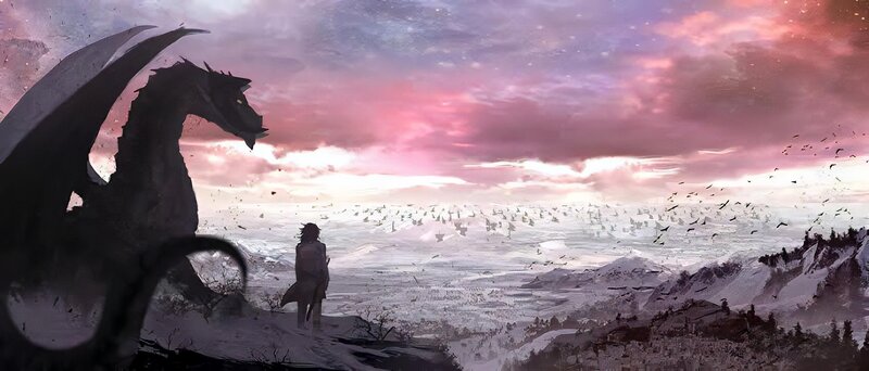 Dragon and Person on Cliff