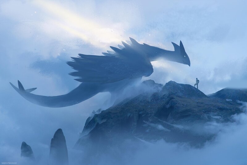 Dragon and Person on Mountain