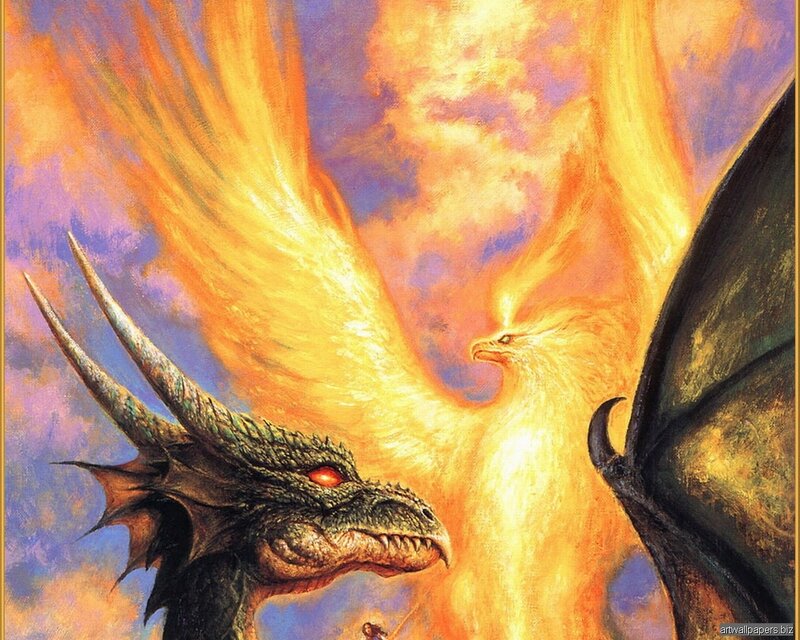 Dragon and phoenix in fiery battle