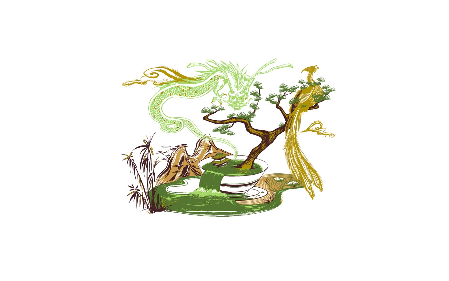 dragon and phoenix landscape illustration