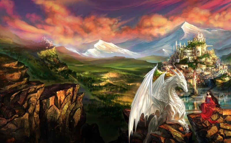 dragon and princess at sunset