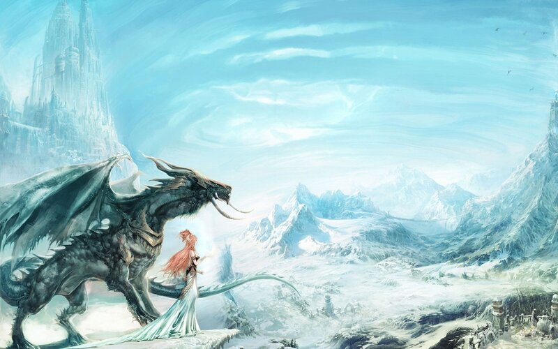 dragon and princess in snowy landscape