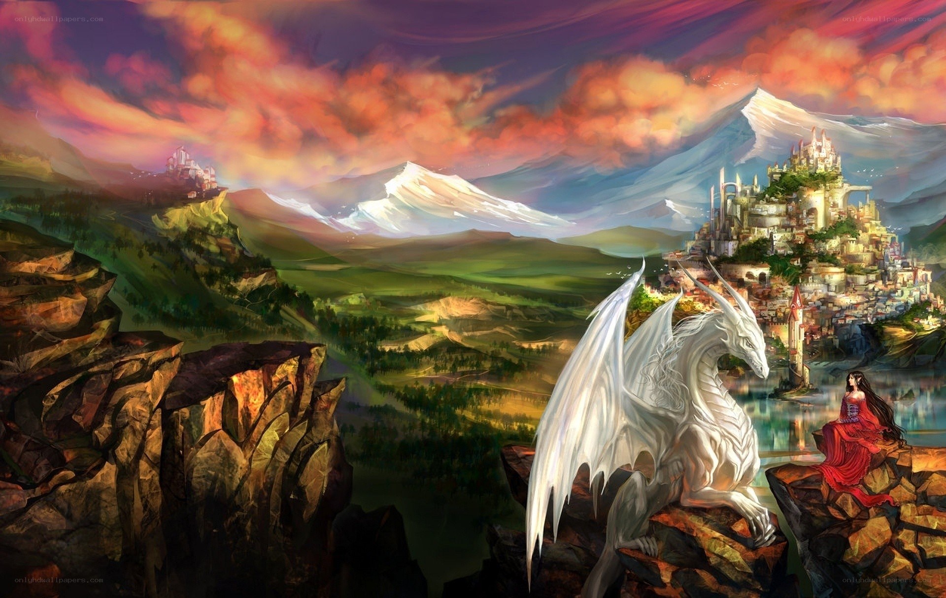 Dragon and princess on a cliff