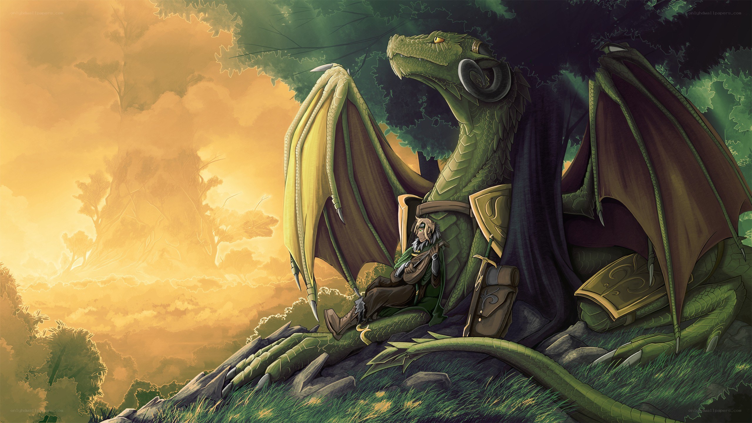 dragon and rider at sunset