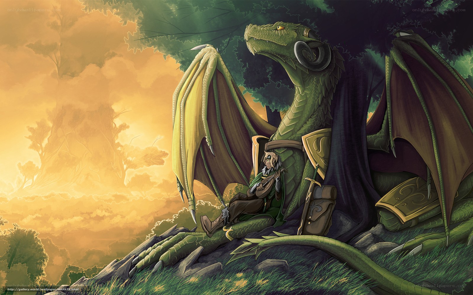 dragon and rider at sunset