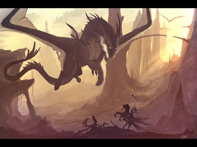 Dragon and rider in a canyon