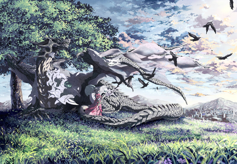 Dragon and rider in a meadow