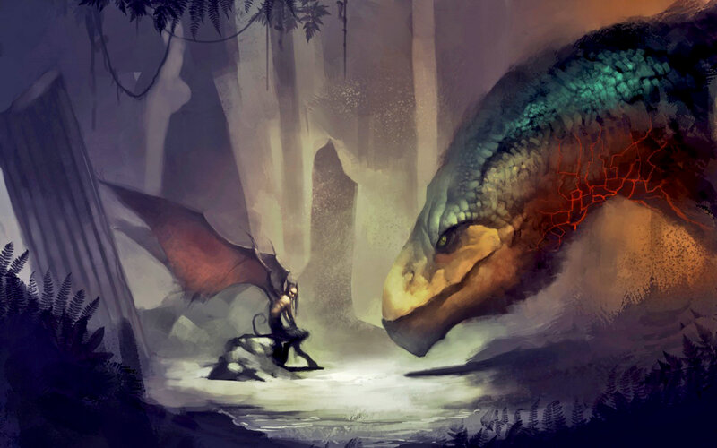 Dragon and Rider in Cave — Green