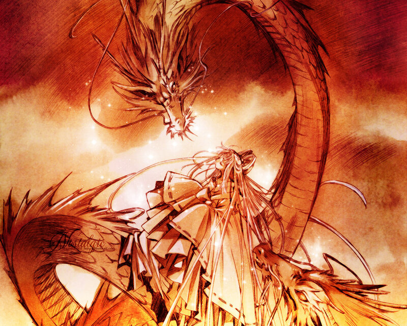 dragon and rider in fiery sky