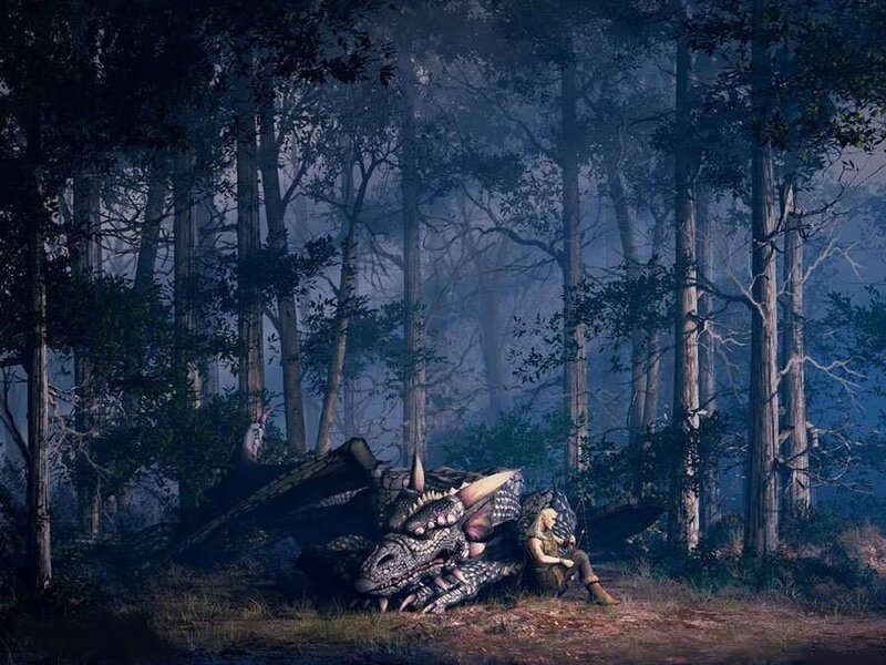 dragon and rider in forest