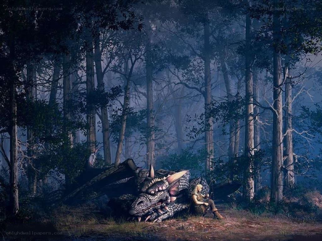 dragon and rider in forest