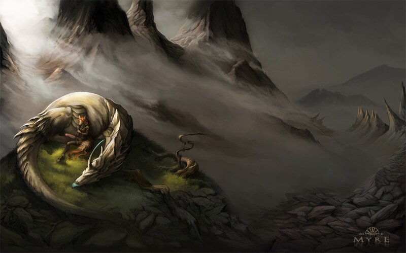 dragon and rider in misty mountains