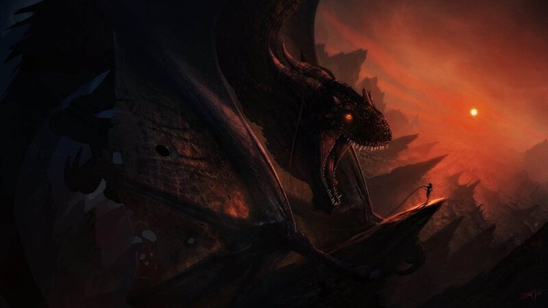 Dragon and Rider on Cliff — Red