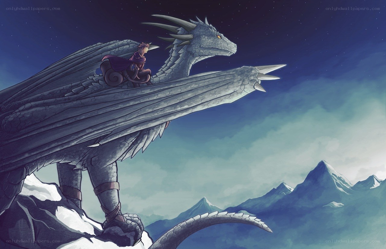 dragon and rider on mountain peak
