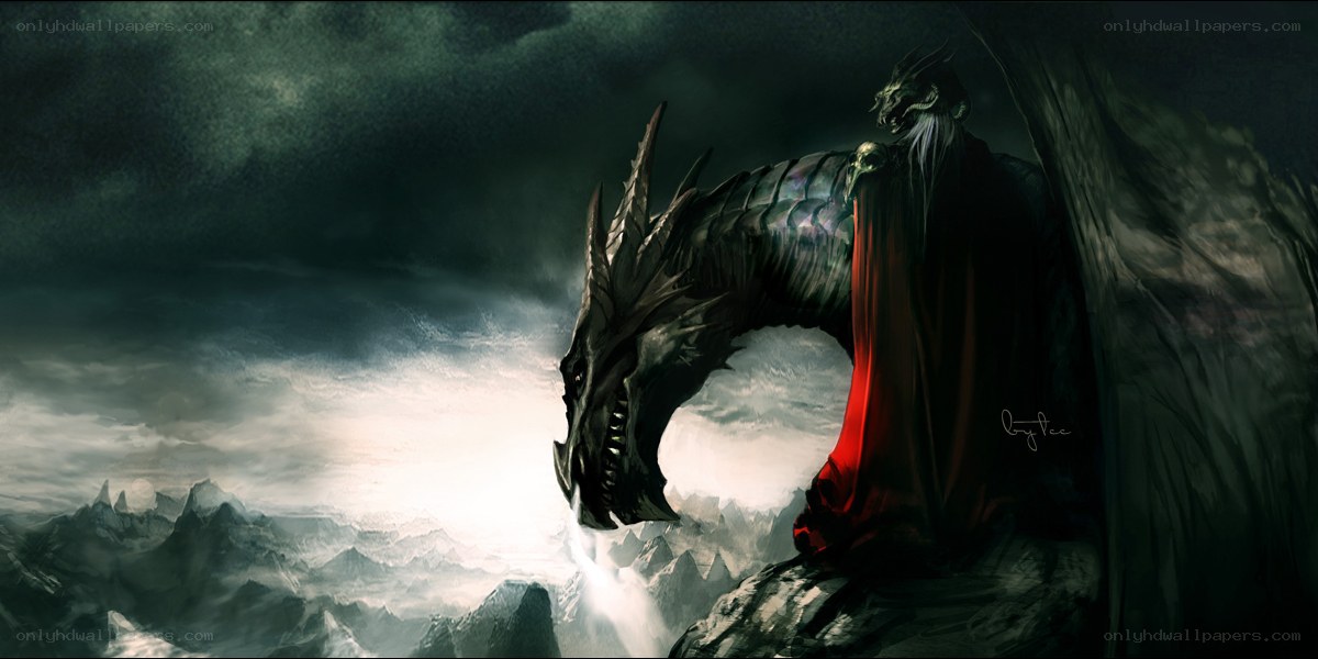 dragon and rider on mountain peak