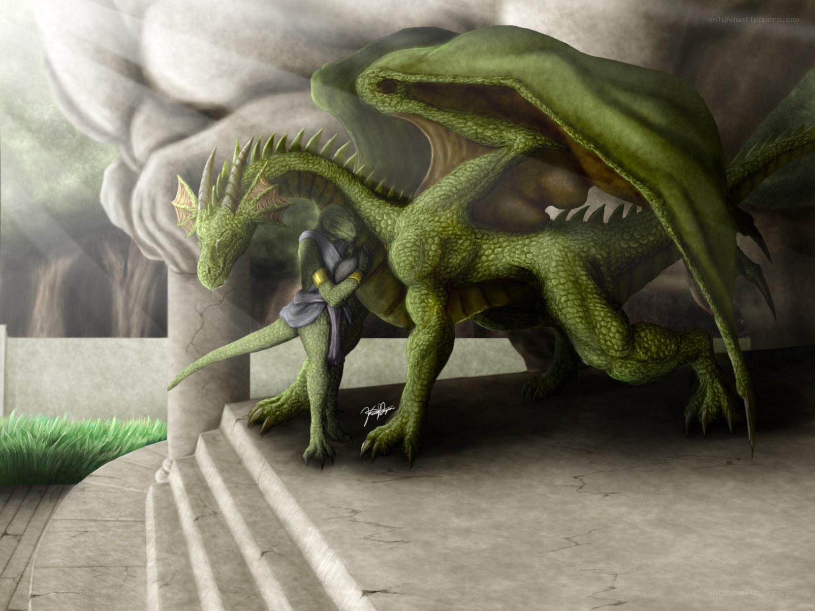 dragon and rider on steps