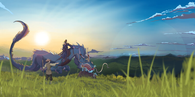 Dragon and Riders in Field