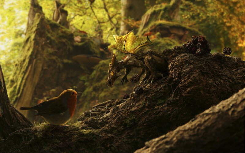 Dragon and Robin in Forest — Green, Serene, Afternoon