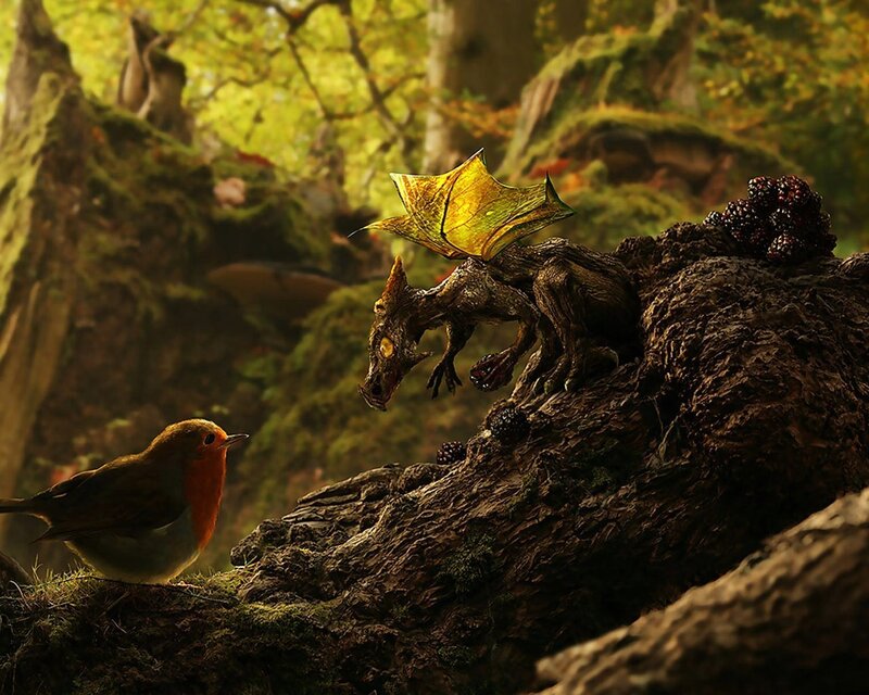 Dragon and Robin in Forest — Green