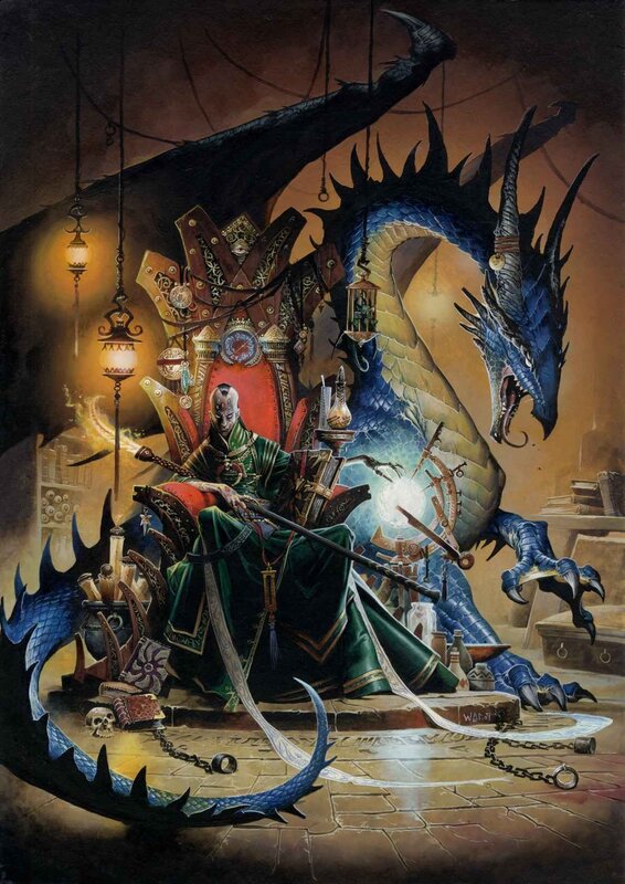 Dragon and sorcerer in a chamber