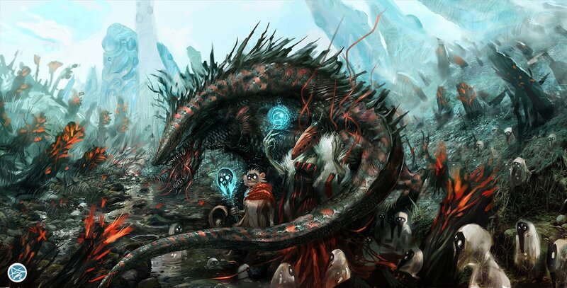 dragon and sorcerer in a mystical landscape