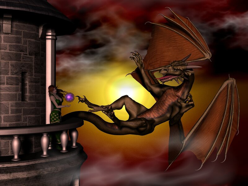Dragon and sorceress at sunset