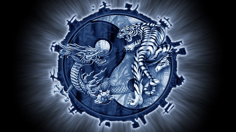 Dragon and Tiger Yin-yang — Blue, Dramatic, Digital Art, Yin-yang Symbol, Radiant Light