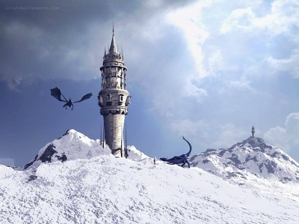 Dragon and tower on snowy mountain