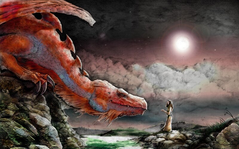 Dragon and traveler at night
