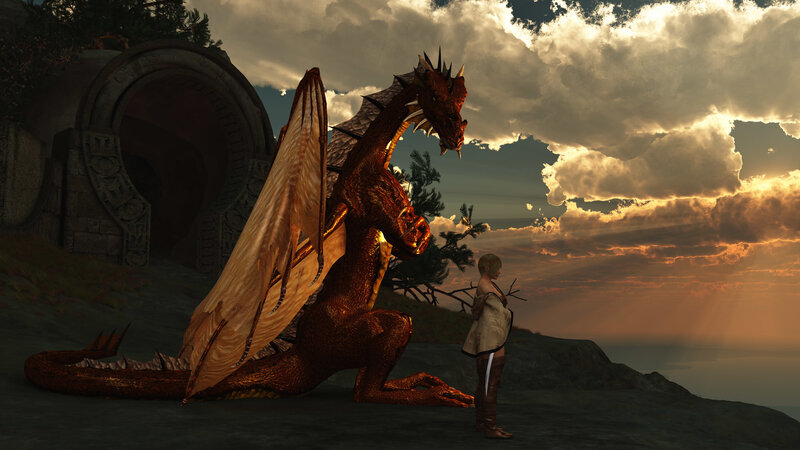 dragon and traveler at sunset