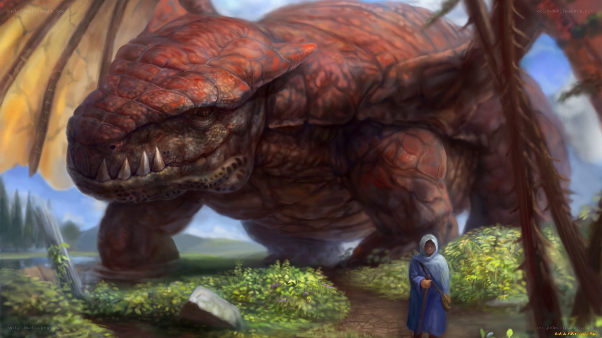 dragon and traveler in forest