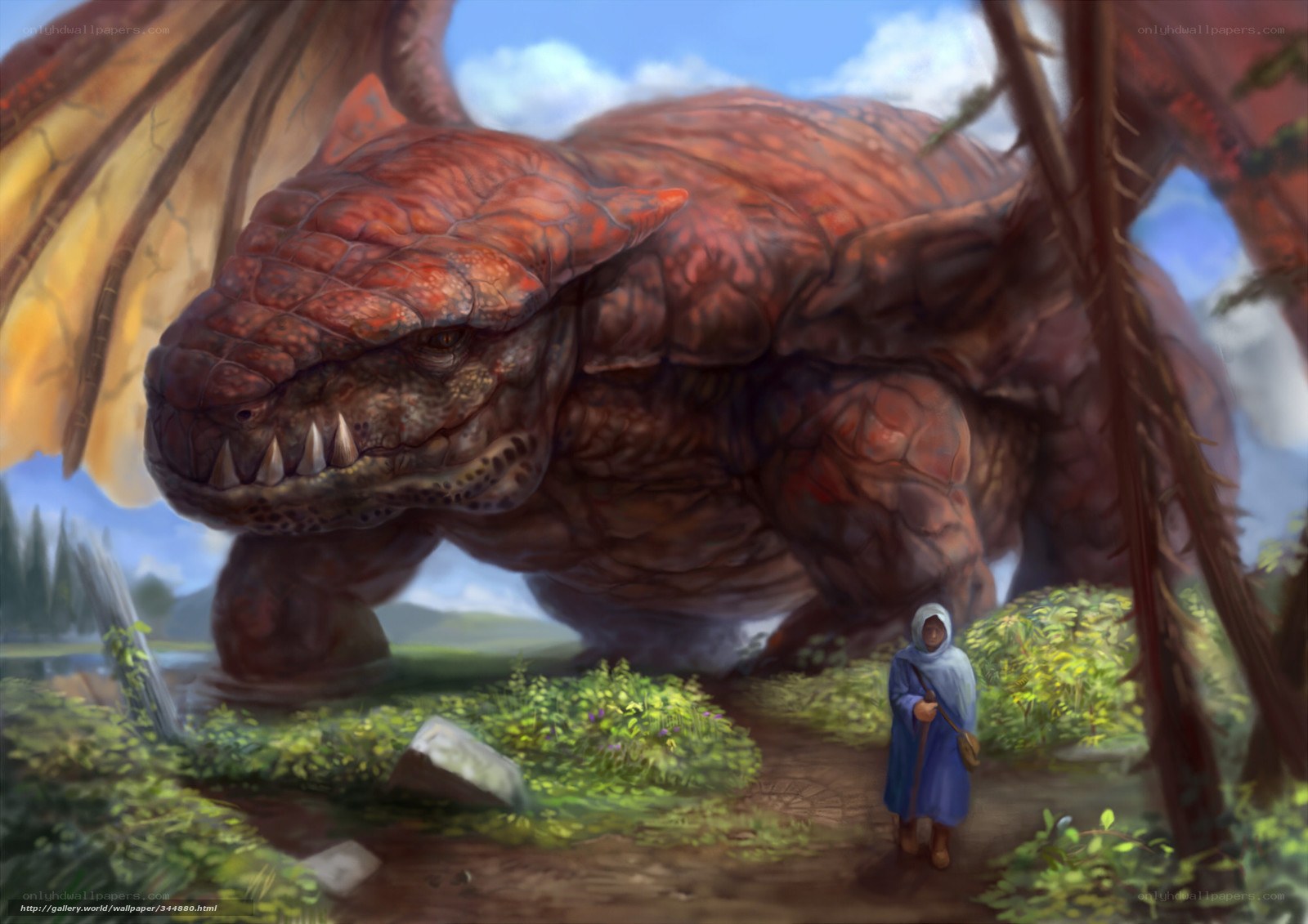 dragon and traveler in forest
