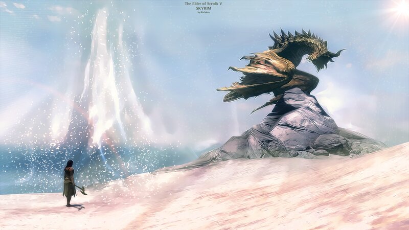 Dragon and traveler in Skyrim
