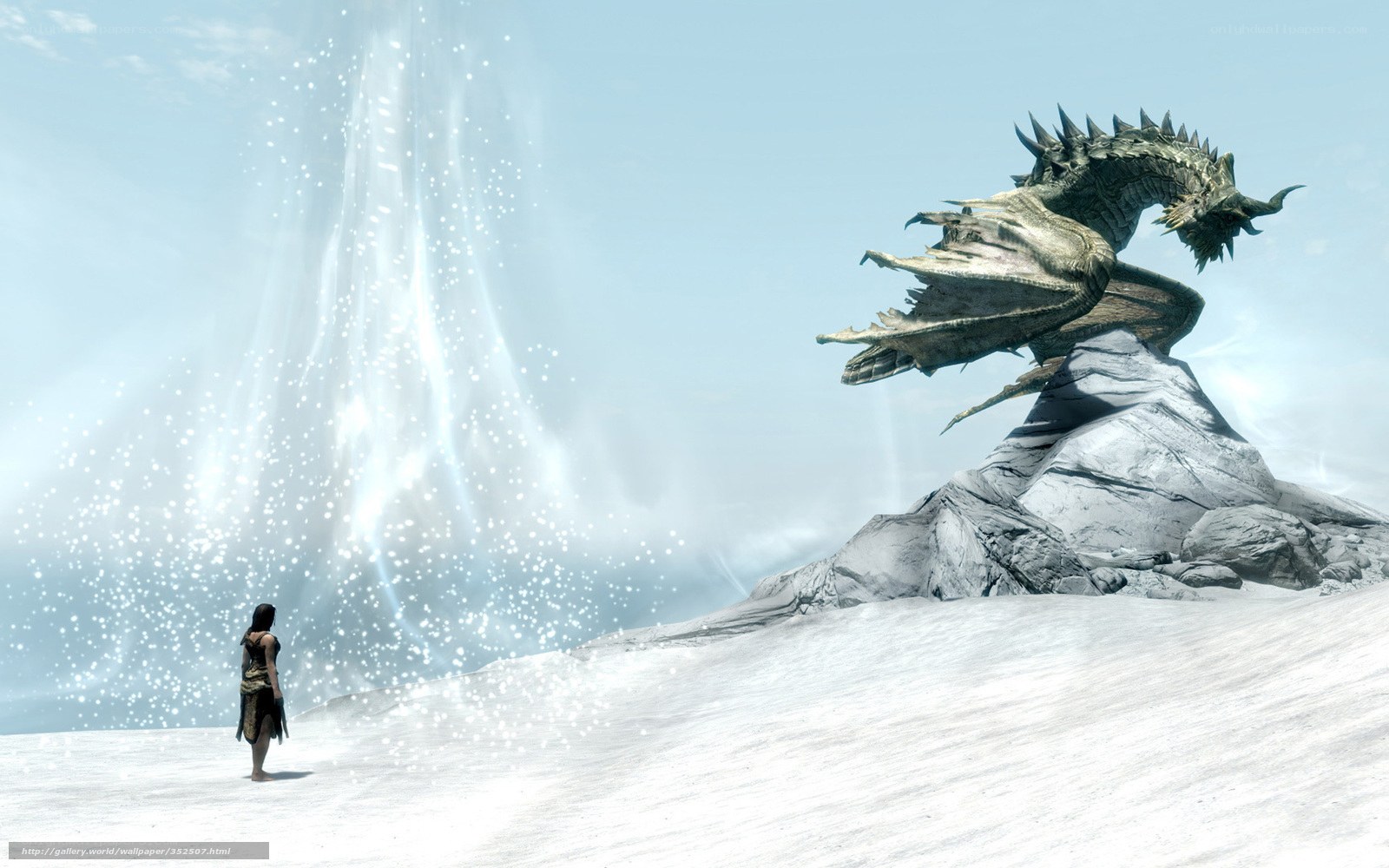 dragon and traveler in snow