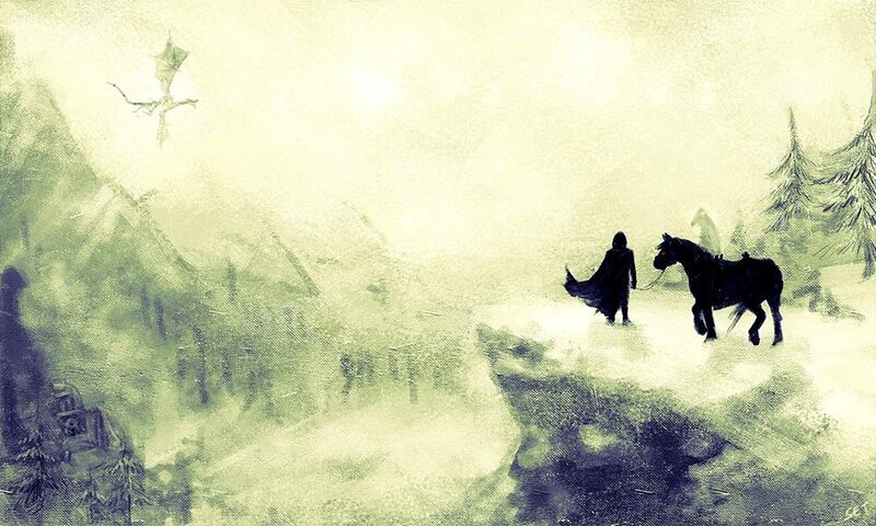 dragon and traveler in snowy landscape