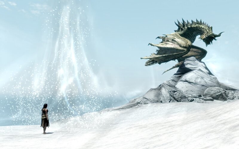 dragon and traveler in snowy landscape