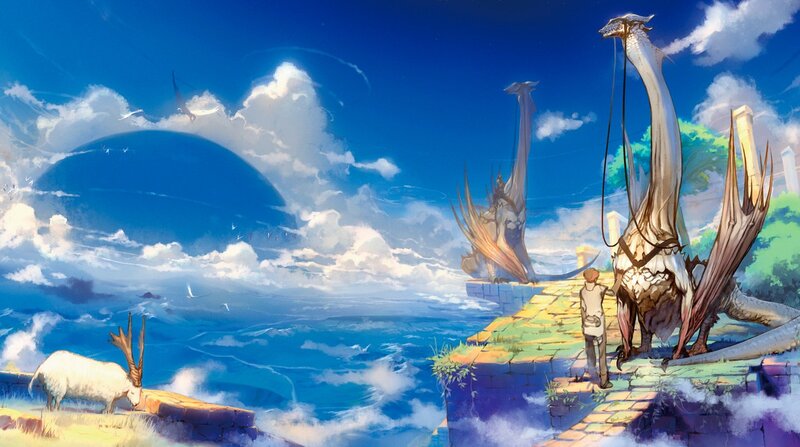 dragon and traveler on a cliff
