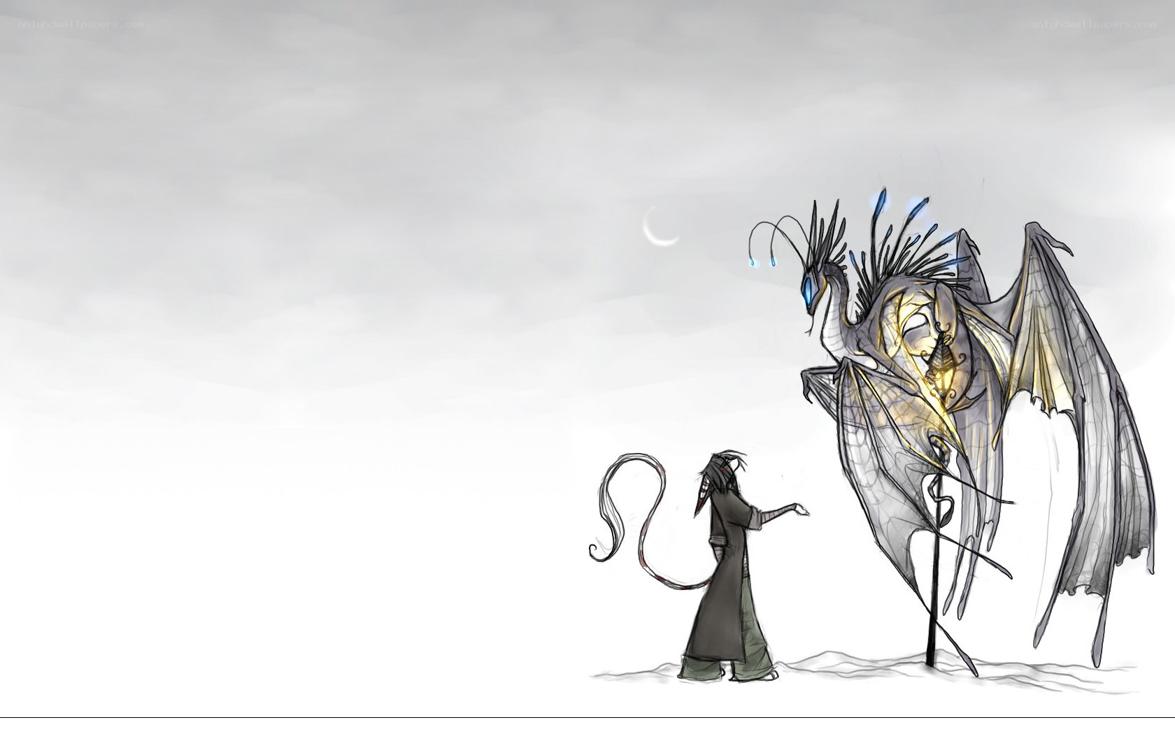 dragon and traveler under moon