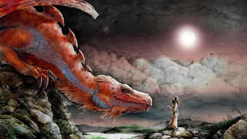 Dragon and traveler under moonlight