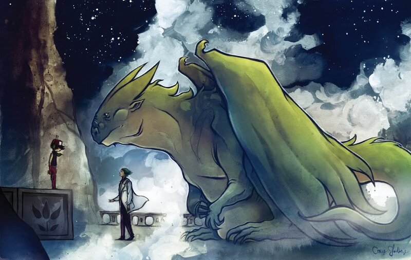 Dragon and two figures in a cave