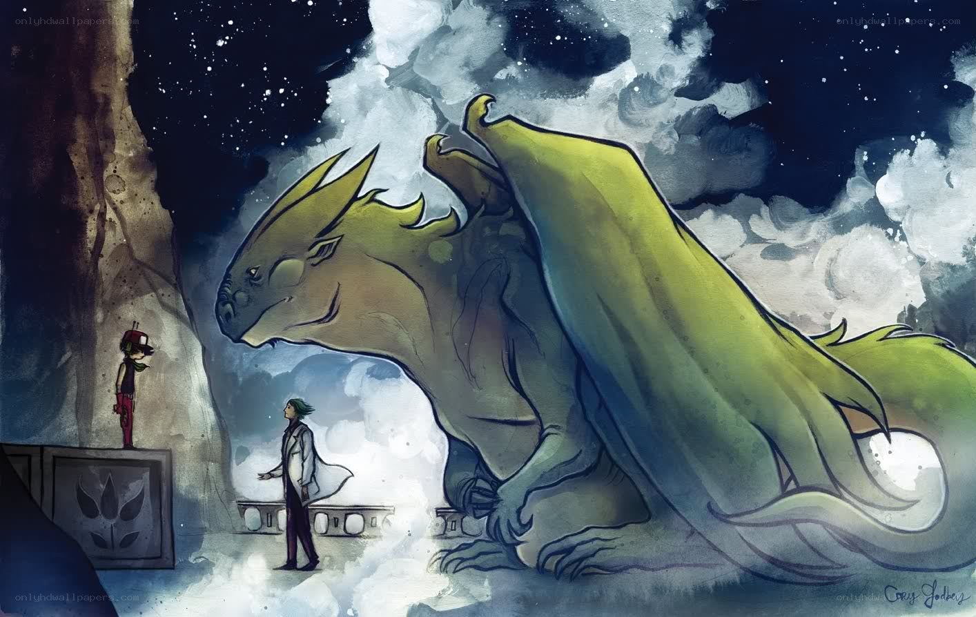 Dragon and two figures in a cave