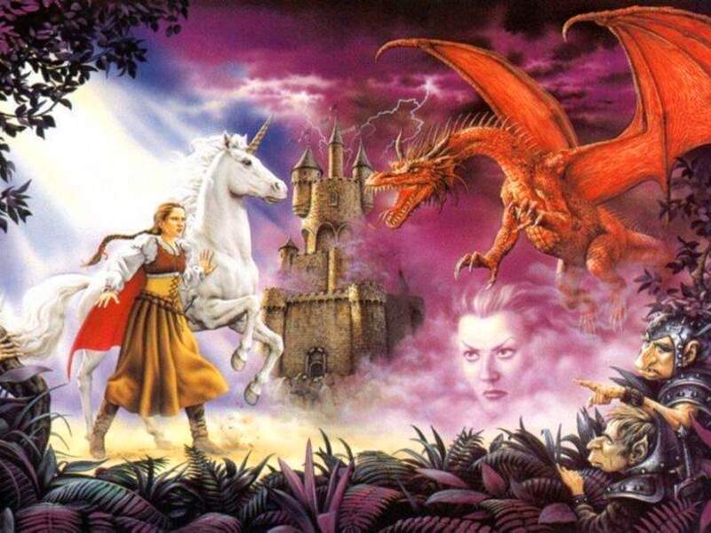 dragon and unicorn fantasy scene