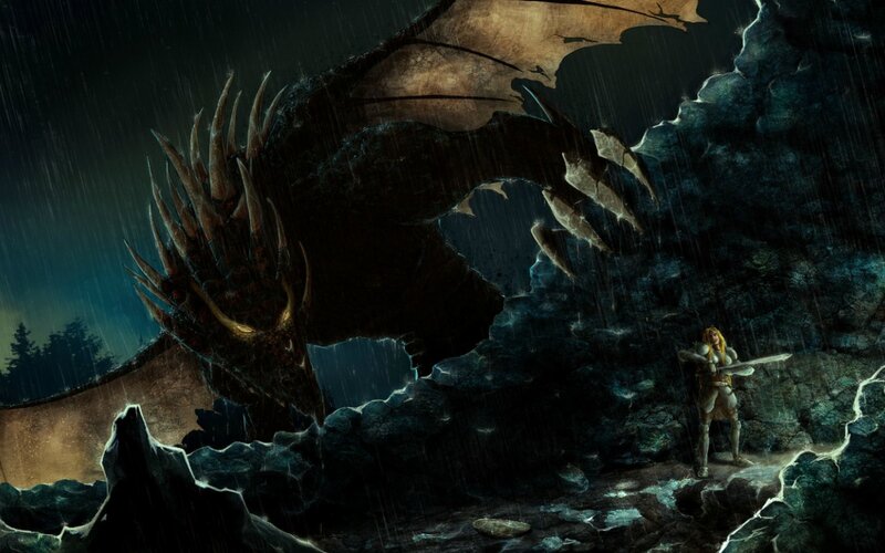 Dragon and Warrior — Black, Dramatic, Night, Digital Art, Rain