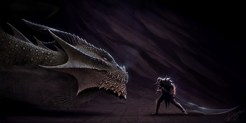 Dragon and Warrior — Black, Dramatic, Night, Digital Art, Sword, Cave