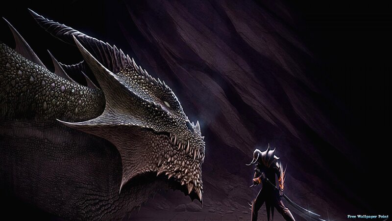 Dragon and Warrior — Black, Dramatic, Night, Digital Art, Sword