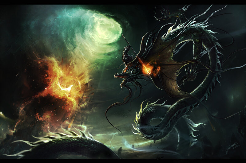 Dragon and Warrior — Black, Dramatic, Night