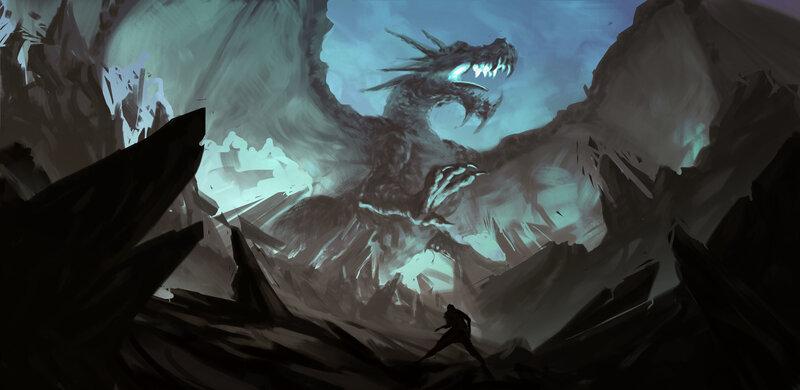 Dragon and Warrior — Blue, Dramatic, Digital Art, Cave