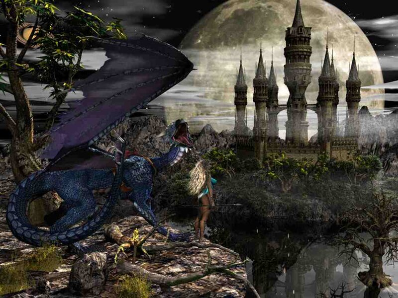 Dragon and Warrior — Blue, Dramatic, Night, Digital Art, Castle